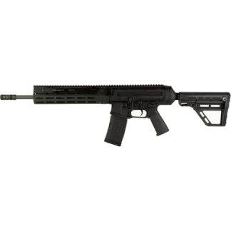 Black semi-automatic rifle with a detachable magazine, pistol grip, and collapsible stock on a white background.