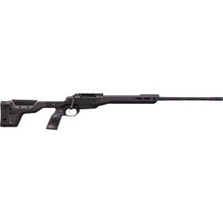Black tactical rifle shown horizontally on a white background with a carbon-fiber-like stock and long barrel