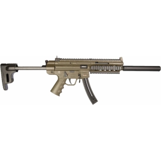 Tan assault rifle with collapsible stock, long rail handguard, and a suppressor attached to the barrel.