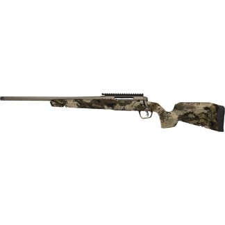 Camouflage-pattern bolt-action rifle shown from the side with a long tan barrel and top rail.