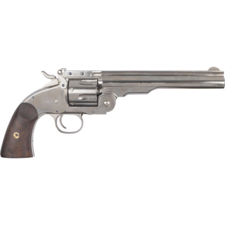 Side view of a shiny stainless-steel revolver with a wooden grip and long barrel.