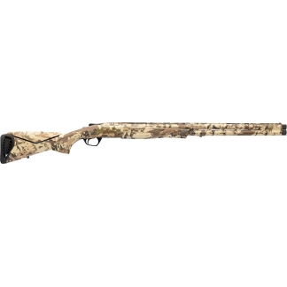 Side view of a camo-pattern pump-action shotgun with a desert camouflage finish, including a long barrel and adjustable stock.