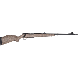 Bolt-action rifle shown in profile with a textured brown stock and long black barrel at left-to-right orientation