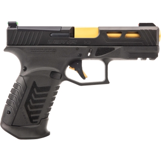 Side view of a black semi-automatic handgun with a textured grip and gold-tone slide accents in the upper area of the frame, shown in profile.