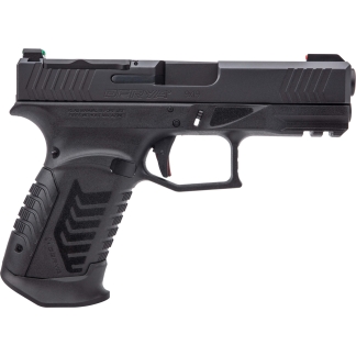 Left-side view of a black 9x19 semi-automatic pistol with a textured grip and exposed trigger.