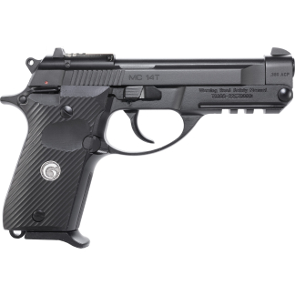 Close-up of a black semi-automatic pistol's slide and grip with visible .380 ACP marking on the barrel area and textured grip.