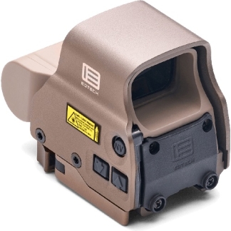 Tan EOTech holographic rifle sight with protective hood and warning label