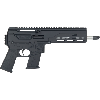 Side view of a black semi-automatic rifle upper receiver with a long Picatinny rail along the top and a mounted muzzle device at the right edge.