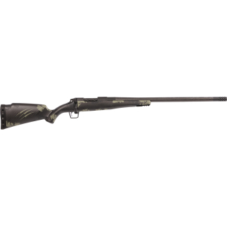 Camouflage bolt-action rifle with long barrel and adjustable stock on a white background