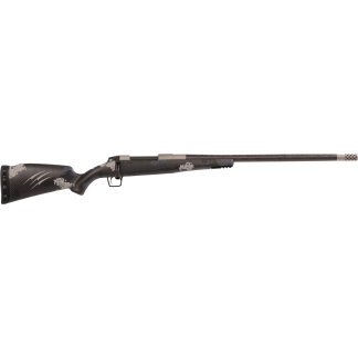 Long-barreled camouflage hunting rifle shown in profile against a white background
