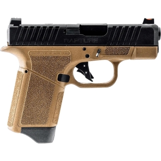 Tan and black semi-automatic pistol shown in profile, with "RAPTURE" on the slide and a textured tan grip.