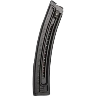 Curved black handgun magazine lying diagonally with a small window for rounds facing the viewer
