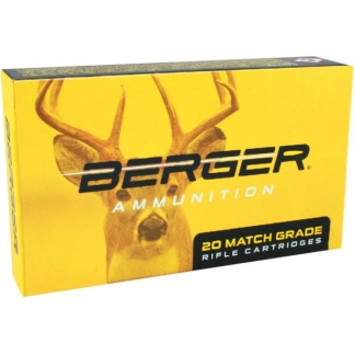 Yellow Berger Ammunition box featuring a deer head graphic and the label '20 Match Grade Rifle Cartridges'