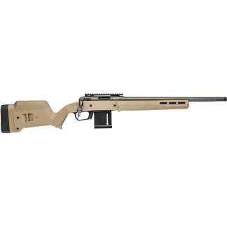 Desert-tan bolt-action sniper rifle with a long barrel, detachable magazine, and Picatinny rail shown in profile