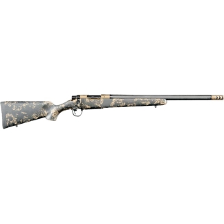 Camouflage-pattern bolt-action hunting rifle shown from the side with a long barrel and stock
