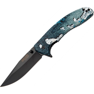 Foldable knife with a black blade and blue camouflage handle, partially opened.