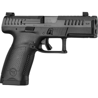 Side view of a black semi-automatic pistol with textured grip and rails, marked 9x19 on the slide.