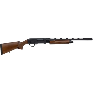 Pump-action shotgun with a wooden stock and fore-end, long black barrel and vented forend, shown in profile.