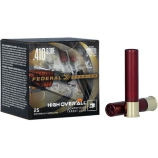 Box of .410 bore shotgun shells labeled Federal Premium High Over All with two red shells beside it; 25 shells total
