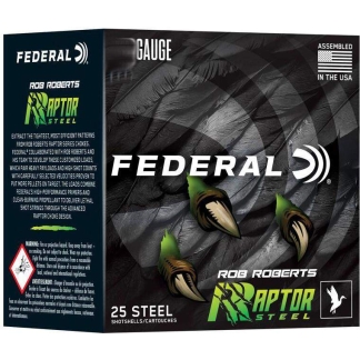 Front of a black Federal shotgun ammunition box labeled GAUGE with the Fed­eral logo, Rob Roberts' Raptor Steel branding, and three shell graphics.