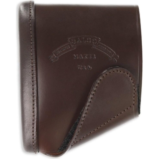 Brown leather wallet with a curved flap and visible stitched edges, embossed logo on front.