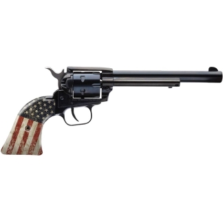 Handgun (revolver) with an American flag-patterned grip, long barrel, on a white background.