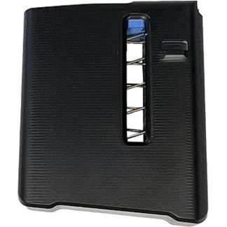 Black rectangular protective case with a vertical window showing a coiled metal spring inside.