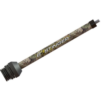 Camouflage crossbow bolt labeled 'STINGER' with threaded ends and a hex nut on one end (archery accessory).