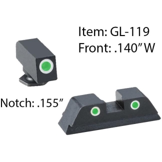 Two views of a black precision alignment tool (Item GL-119). A small rectangular block with a green center dot sits on a stand, and a longer base with two notches is shown. Text labels read Front: .140" and Notch: .155".