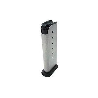 Pistol magazine with a metal body and black base plate, standing upright.