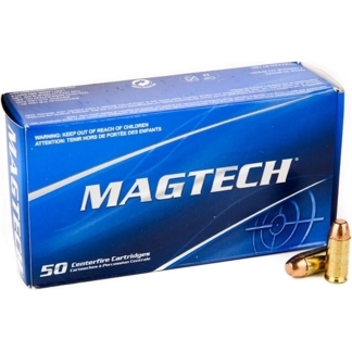 Blue MagTech box labeled 50 centerfire cartridges with two brass bullets beside it, product packaging for ammunition.