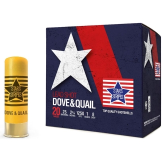 Yellow Stars and Stripes shotgun shell next to a navy box of Dove & Quail 20-gauge shotshells with patriotic branding on white background.