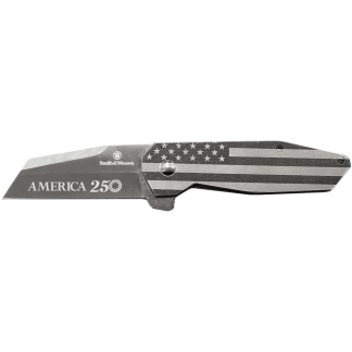 Smith & Wesson folding knife with an American flag motif and 'America 250' engraving on the blade side