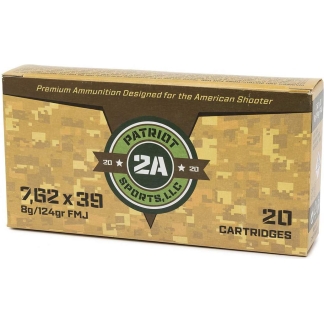 Desert-camo box of Patriot 2A ammunition, 7.62×39, FMJ, 20 cartridges, for American shooters.