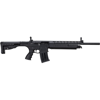 Black modern sporting rifle shown in side profile with a detachable magazine and long barrel portion.
