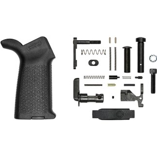 Disassembled handgun grip kit with the grip shell on the left and assorted springs, pins, and small parts laid out on the right.