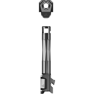 Long black modular hand tool with grooved shaft and detachable head, shown with a mounting clamp at the base