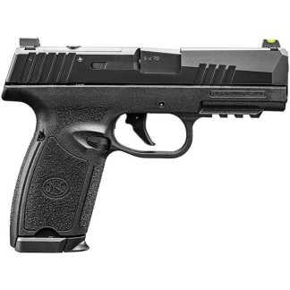 Black semi-automatic pistol shown in side profile with textured grip and accessory rail under the barrel