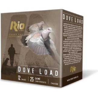 Box of Rio Dove Load 12-gauge shotgun shells, featuring pigeons in flight and a hunter silhouette on the front.
