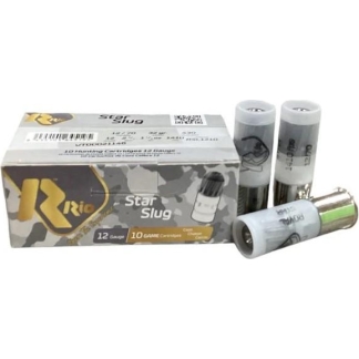 Box of Rio Star Slug 12 gauge shotgun ammunition with several cartridges beside it