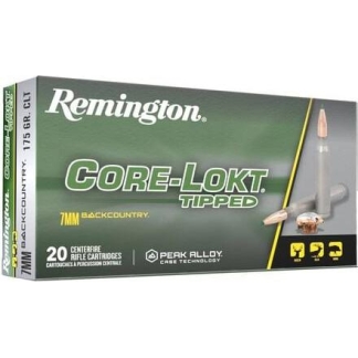 Remington Core-Lokt Tipped 7mm backcountry rifle cartridge box, 20 centerfire cartridges, featuring Peak Alloy Case Technology.