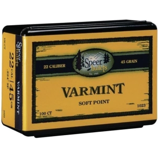Yellow tin labeled Speer VarminT Soft Point bullets (22 caliber, 45 grain) on a black-and-yellow label