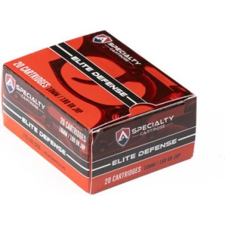 Box of Specialty Elite Defense handgun ammunition, red and black packaging showing 20 cartridges in the box.