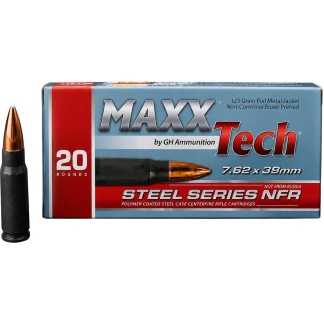 Box of MaxxTech 7.62×39mm Steel Series NFR ammunition with one cartridge standing upright beside it (20 rounds shown).