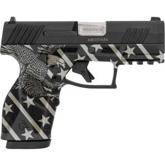 Side view of a compact semi-automatic pistol with a black finish and a white star/eagle graphic Across the grip and slide area (decorative pattern). For a descriptive overview: decorative patriotic pattern on a handgun.