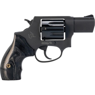 Side view of a small, compact black revolver with a short barrel and wooden grip, shown against a white background.