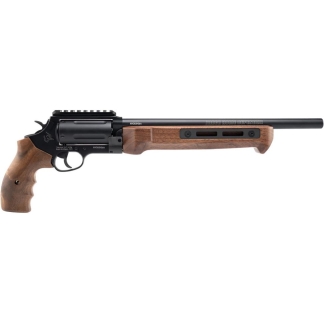 Side view of a pistol with a wooden grip and long black barrel.