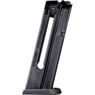 Detachable handgun magazine for a semi-automatic pistol, shown upright with base plate visible