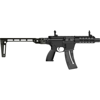 Side view of a black modern sporting rifle with adjustable stock and long Picatinny rail system