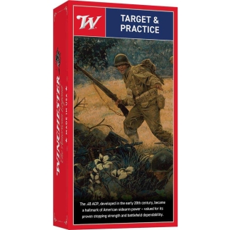 Red packaging labeled 'Target & Practice' with a WWII soldier aiming a rifle in a grassy field; top left shows a white 'TW' logo.